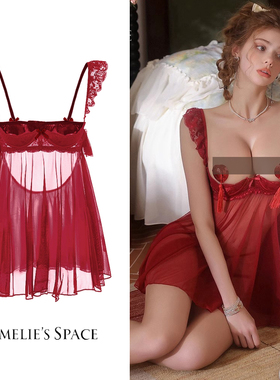圣诞新年 法式甜美红色蕾丝带钢圈聚拢吊带睡裙女性感睡衣