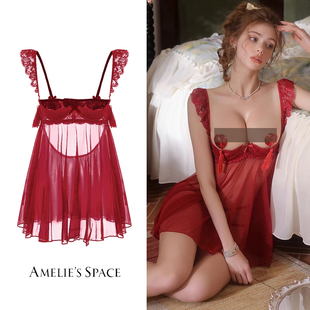 圣诞新年 法式甜美红色蕾丝带钢圈聚拢吊带睡裙女性感睡衣