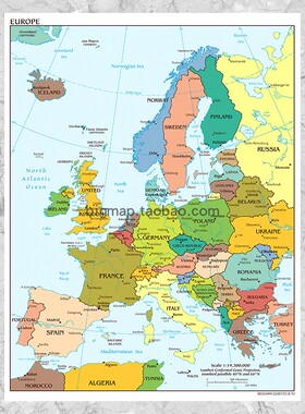欧洲地图Europe political map英文版外贸公司街道贴图装饰画芯