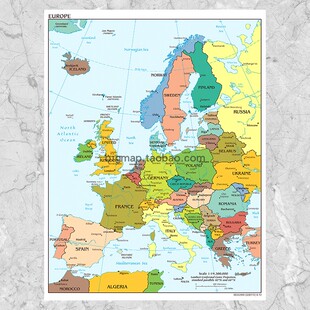 欧洲地图Europe political map英文版外贸公司街道贴图装饰画芯