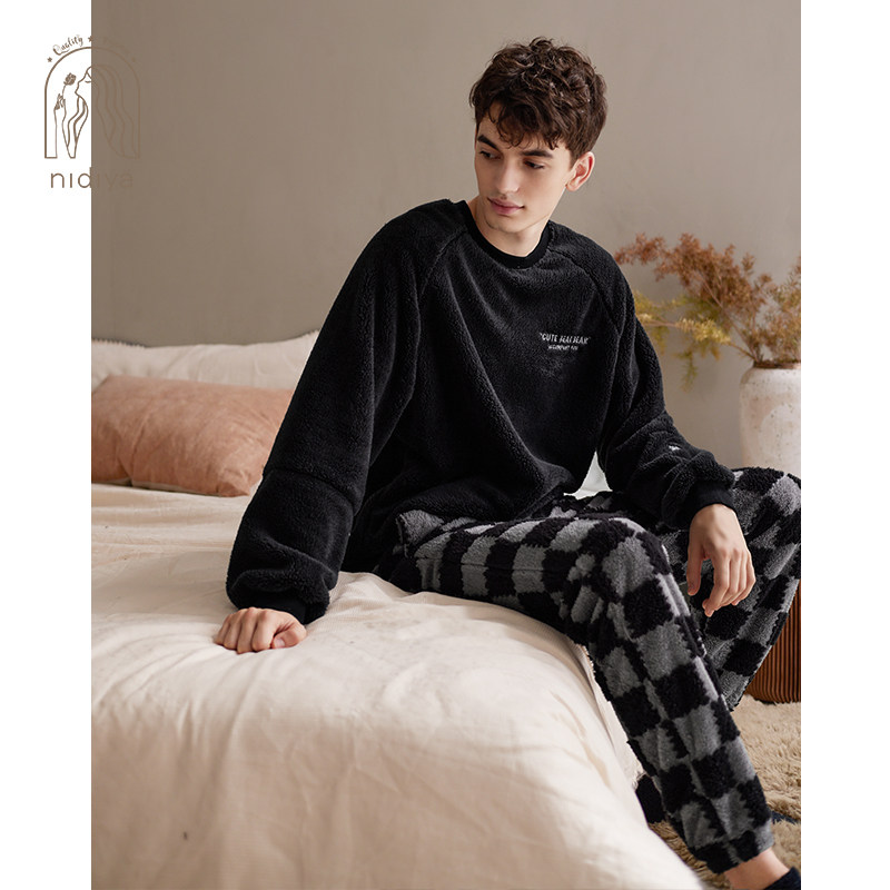 妮狄娅睡衣男秋冬季保暖珊瑚绒套头休闲可外穿时尚格子家居服套装