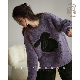 妮狄娅珊瑚绒加厚睡衣女冬季保暖圆领减龄时尚可外穿家居服套装