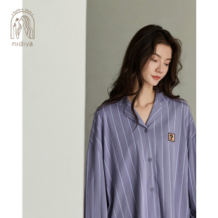 睡衣女纯棉长袖 版 妮狄娅春季 简约开衫 时尚 条纹春秋休闲家居服套装