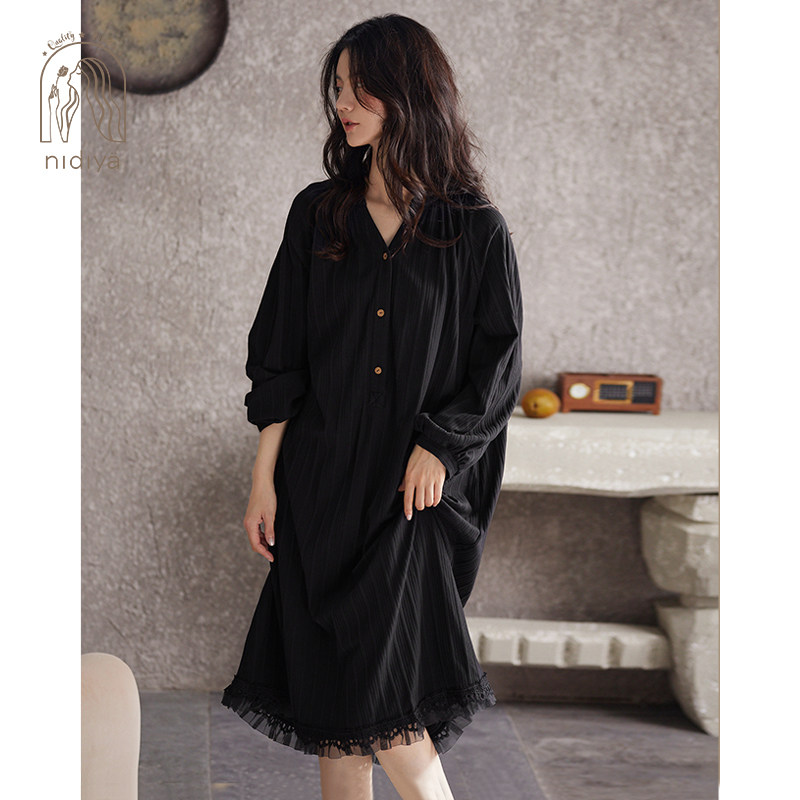 睡裙秋季女春秋款2021年新纯棉睡衣长袖大码长款轻奢家居服可外穿