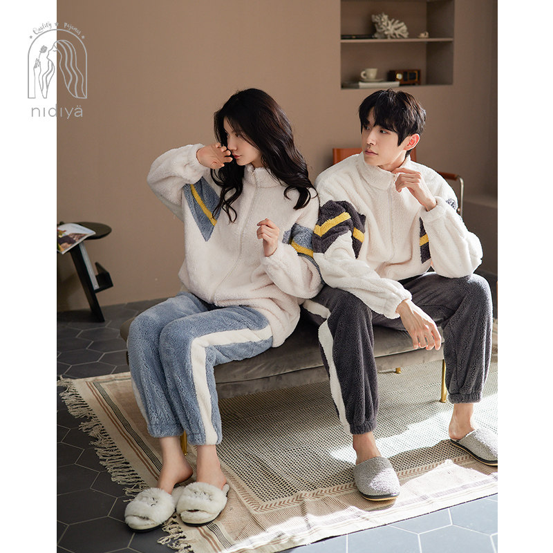 妮狄娅情侣睡衣女冬季珊瑚绒立领保暖拉链开衫男士休闲家居服套装