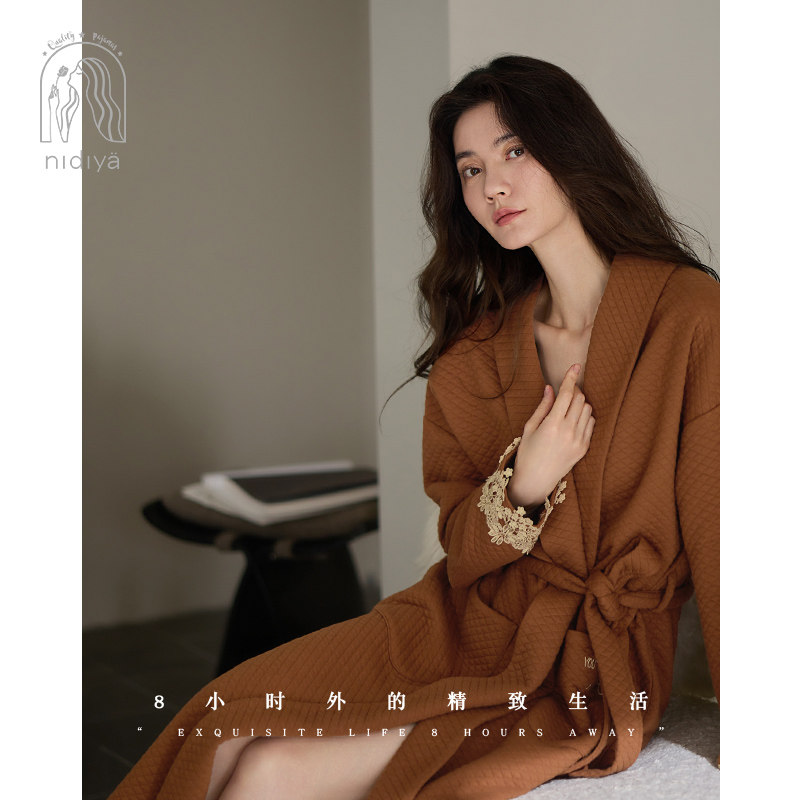 妮狄娅睡袍女秋季纯棉加厚夹层长袖中长款浴袍复古秋冬保暖家居服