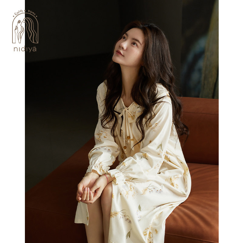 妮狄娅睡衣睡裙女秋季纯棉长袖开衫款甜美少女中长裙春秋季家居服
