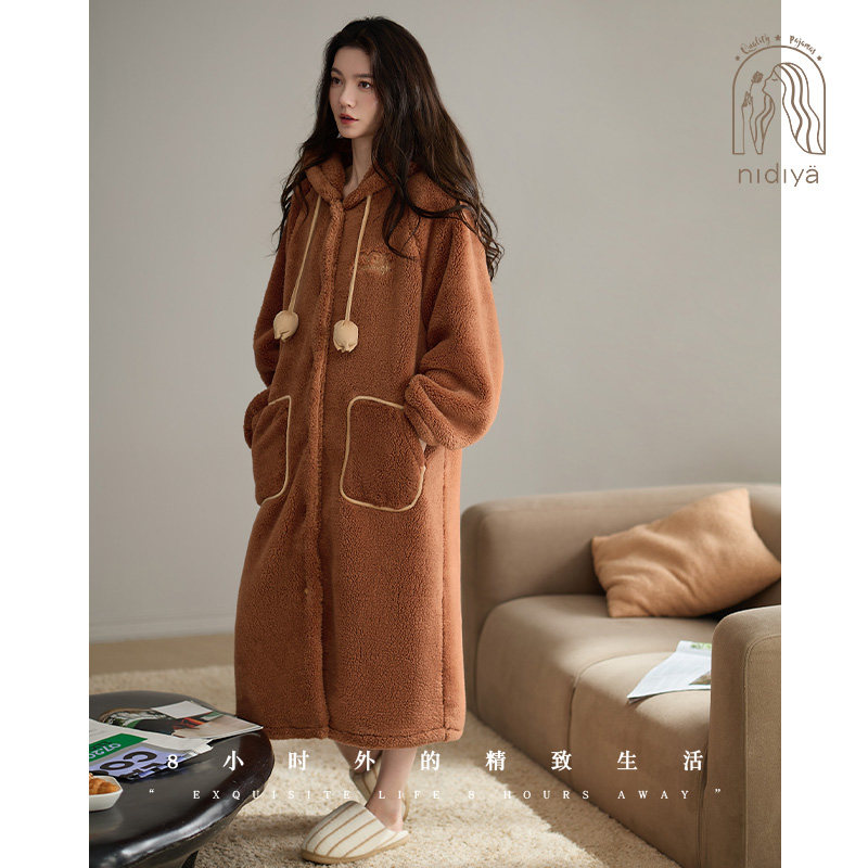 妮狄娅睡衣睡袍女冬季珊瑚绒连帽中长款法式少女可外穿保暖家居服