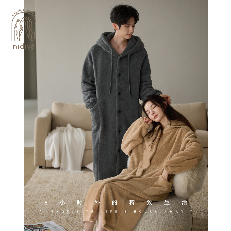 冬季珊瑚绒宽松休闲连帽情侣睡袍
