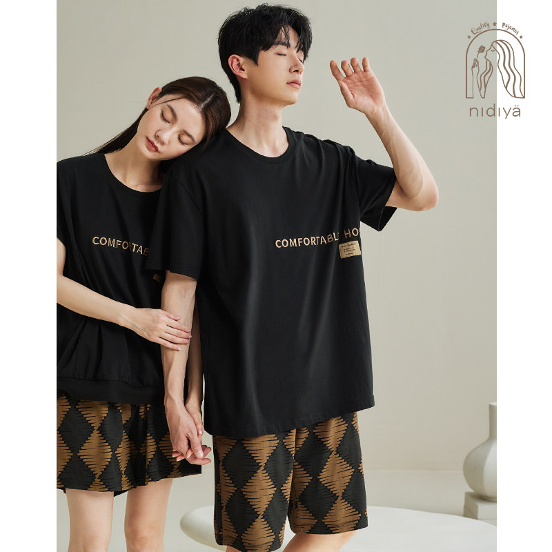 妮狄娅2024情侣睡衣女夏季纯棉短袖男休闲可外穿时尚家居服套装
