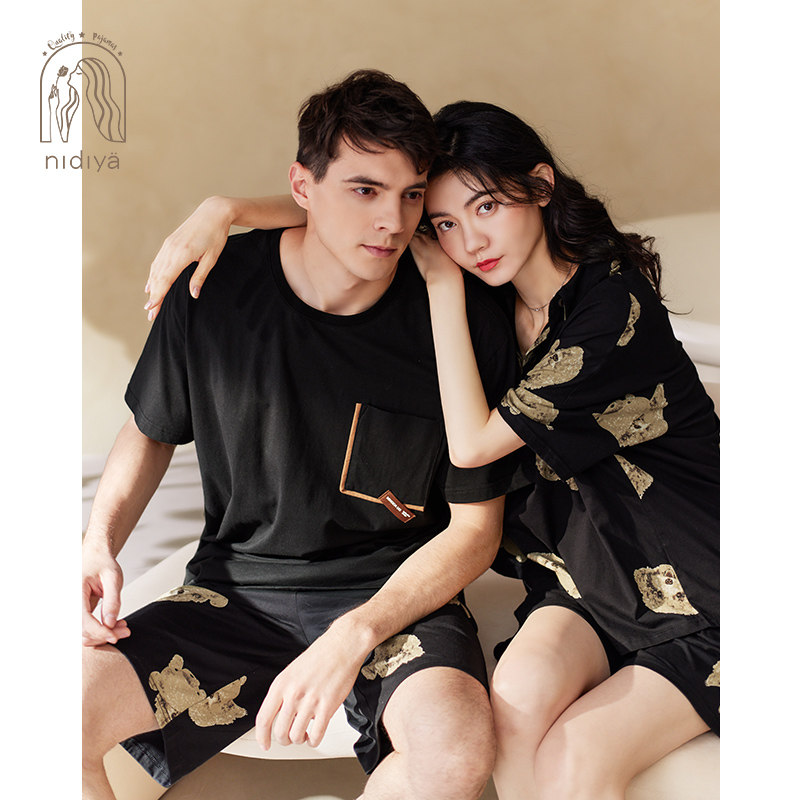 妮狄娅情侣睡衣女夏季纯棉短袖时尚休闲男可外穿卡通家居服套装