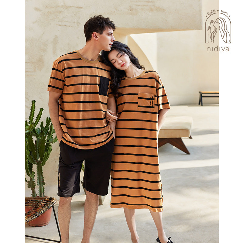 妮狄娅情侣睡衣女夏季纯棉短袖睡裙男圆领套头休闲外穿家居服套装