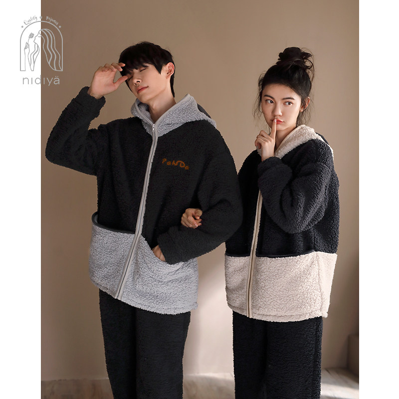 情侣睡衣女冬季珊瑚绒保暖加厚款男士连帽可爱熊猫家居服套装外穿