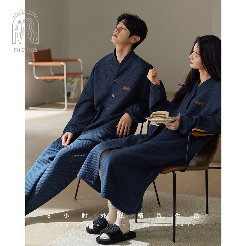 妮狄娅情侣睡衣女秋冬长袖纯棉加厚夹层睡袍男中式复古家居服套装