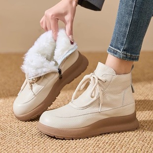 冬季 头层牛皮真皮保暖雪地靴加绒厚底羊毛中老年妈妈短靴棉鞋 女鞋