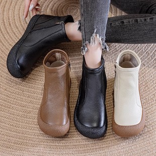 头层牛皮真皮羊毛短靴平底复古牛皮软底防滑中老年妈妈加绒保暖靴
