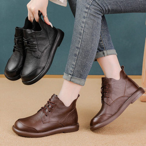 头层牛皮马丁靴加绒保暖短靴真皮休闲系带平跟皮鞋妈妈羊毛靴单靴