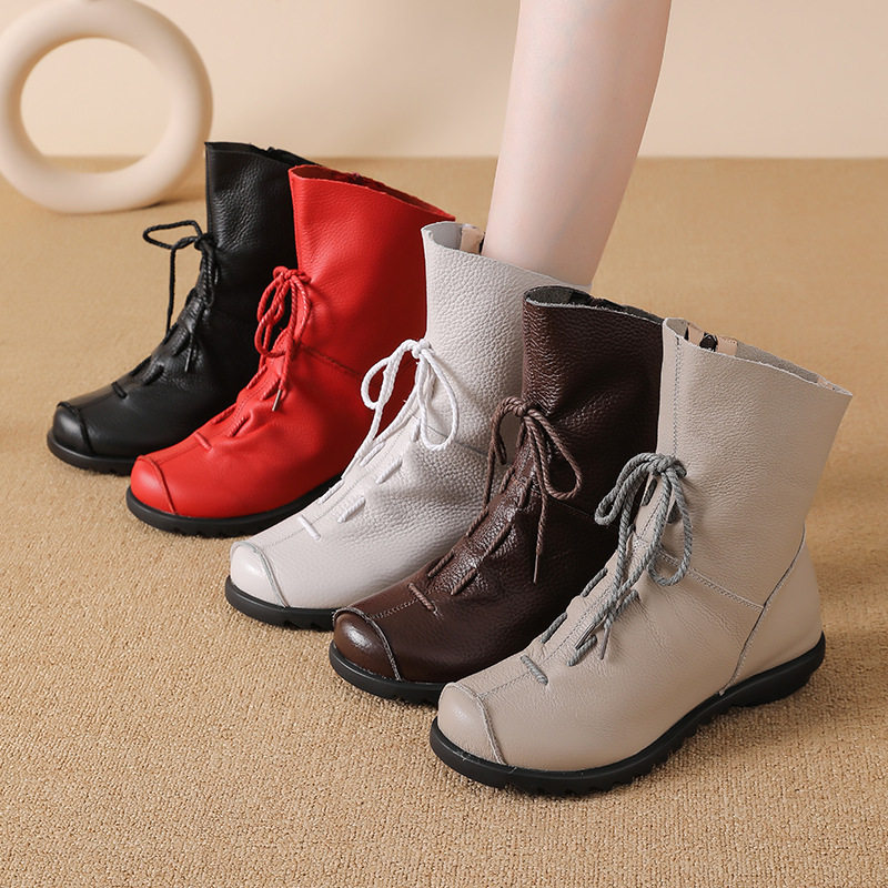 头层牛皮短靴女加绒单靴秋冬软底马丁靴中老年妈妈短靴防滑中筒靴