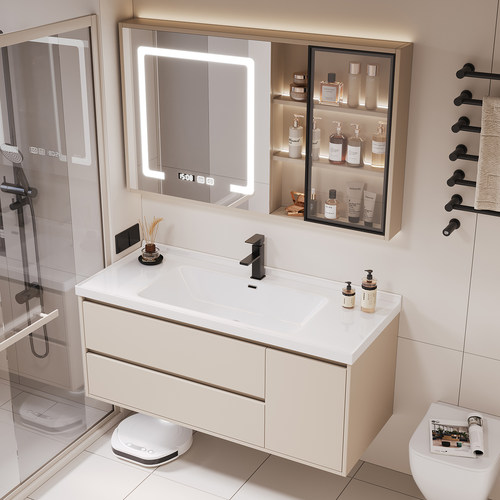 奶油简约实木陶瓷浴室柜组合