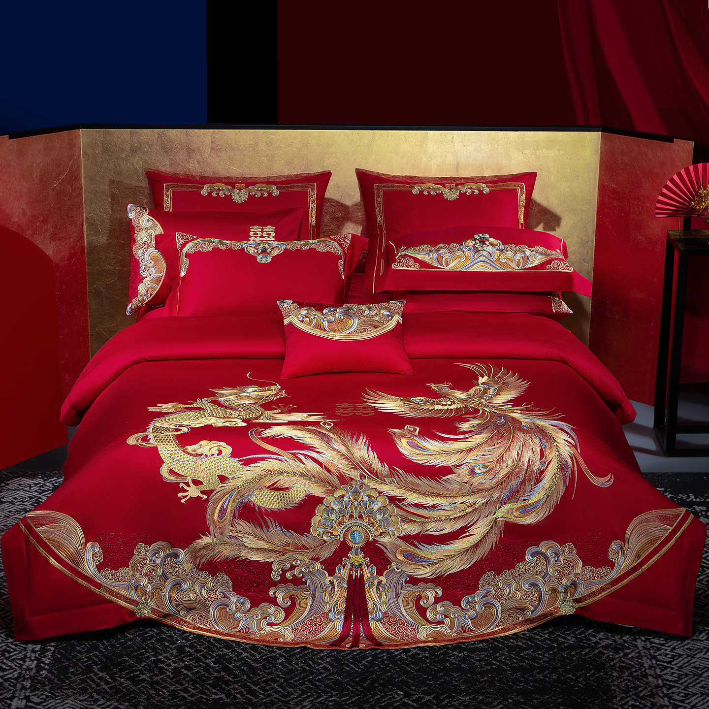 思辰中式婚庆龙凤刺绣四件套高端大红喜被全棉婚嫁床上用品十件套