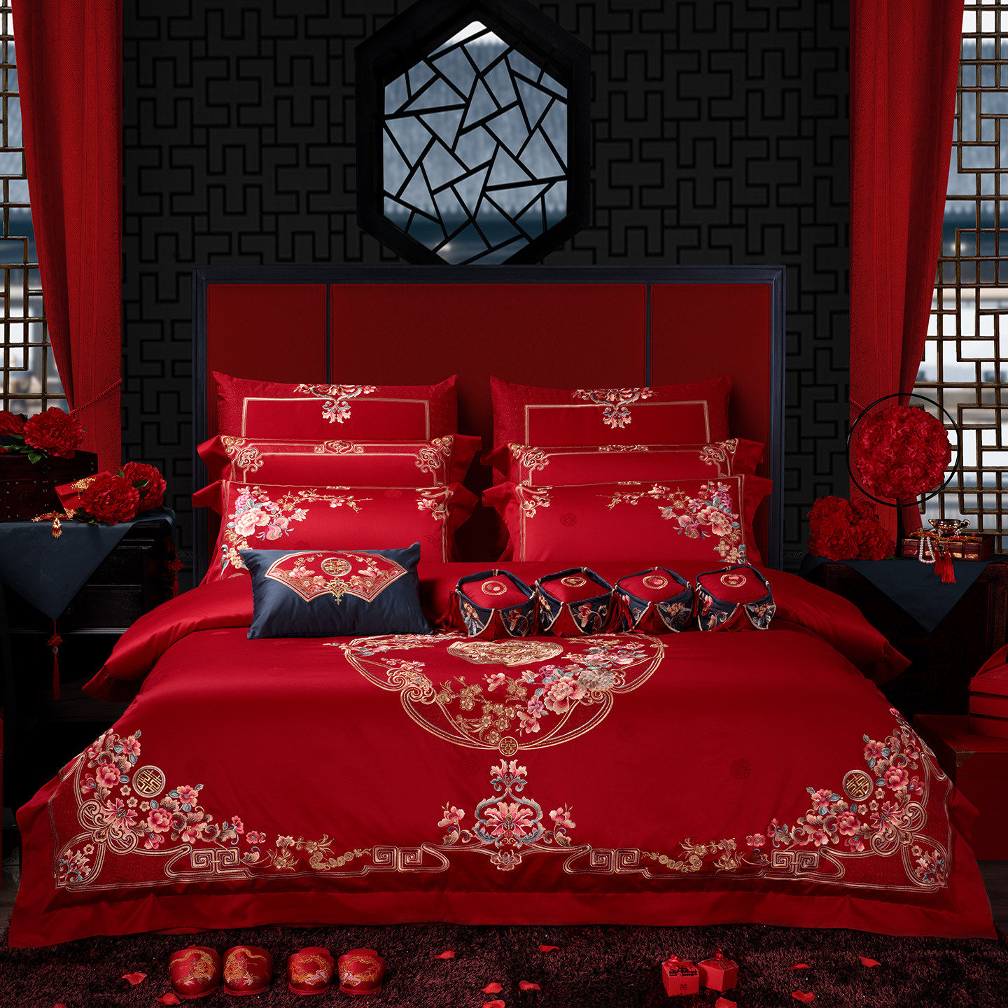思辰家纺结婚四件套床上用品全棉大红色高档刺绣喜被新婚庆多件套