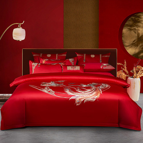 全棉大红色婚庆四件套刺绣