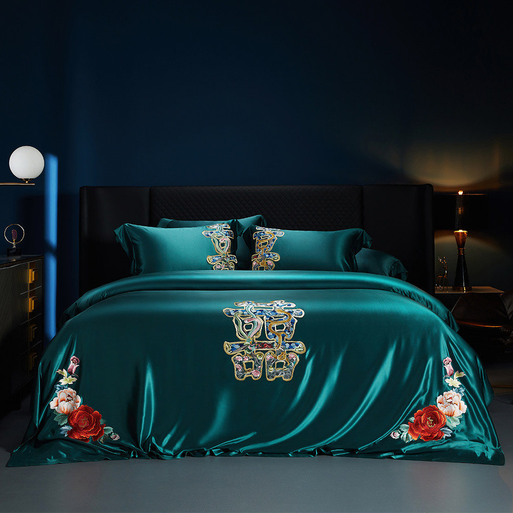 思辰家纺纯手绣收藏款38姆米真丝四件套100%桑蚕丝绸结婚床上用品