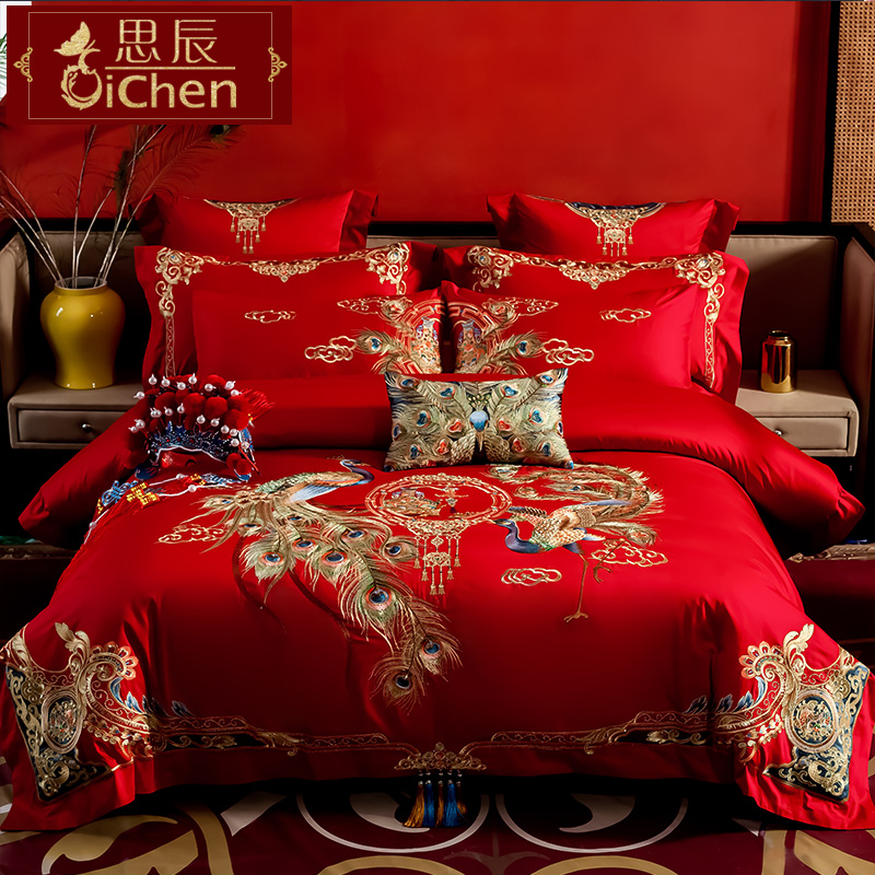 婚庆四件套大红色全棉纯棉婚床婚房刺绣喜被八十件套结婚床上用品