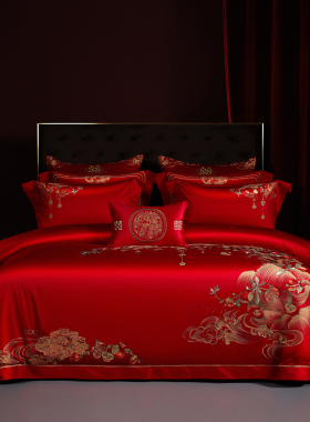 思辰高端中式婚庆四件套全棉红色绣花喜被婚嫁床上用品结婚十件套