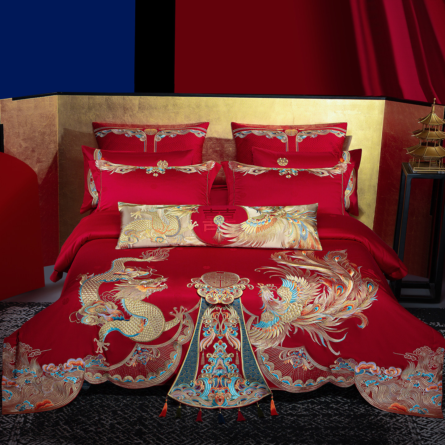 思辰140支全棉纯棉结婚四件套龙凤喜被婚庆床上用品大红刺绣婚被