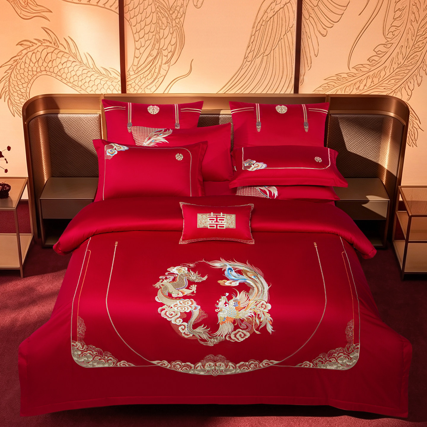 思辰家纺中式婚庆纯棉刺绣四件套大红色新婚陪嫁被套床上用品套件
