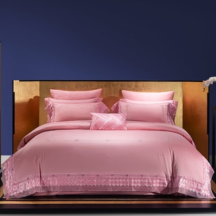 思辰家纺高端结婚四件套全棉纯棉粉色蕾丝被套婚庆十件套床上用品