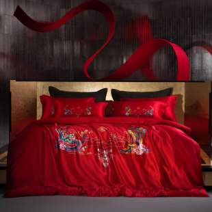 结婚真丝四件套重磅22姆米大红色被套双面100%桑蚕丝高端婚庆床品