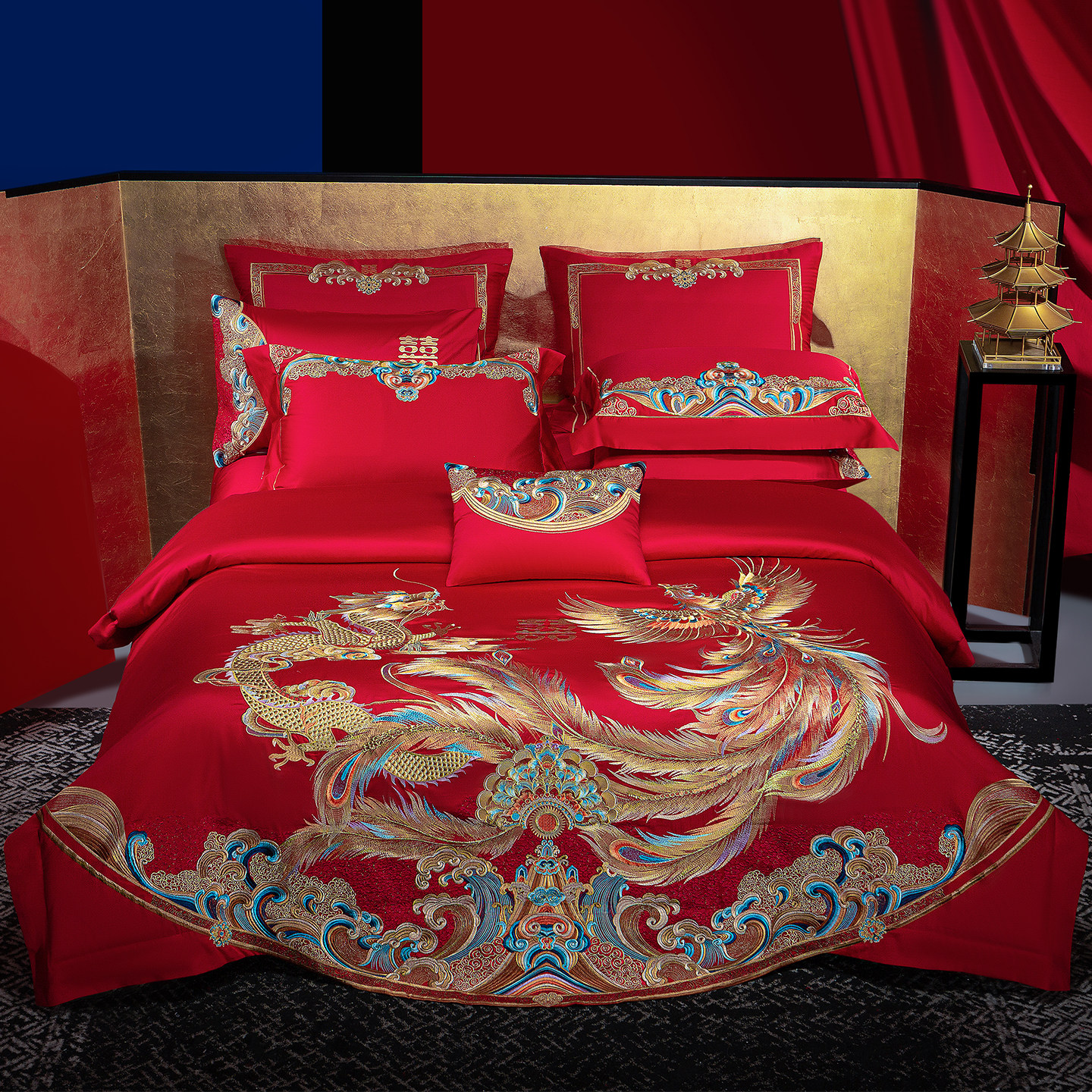 思辰高端大红色龙凤刺绣四件套结婚床上用品全棉十件套婚礼喜被