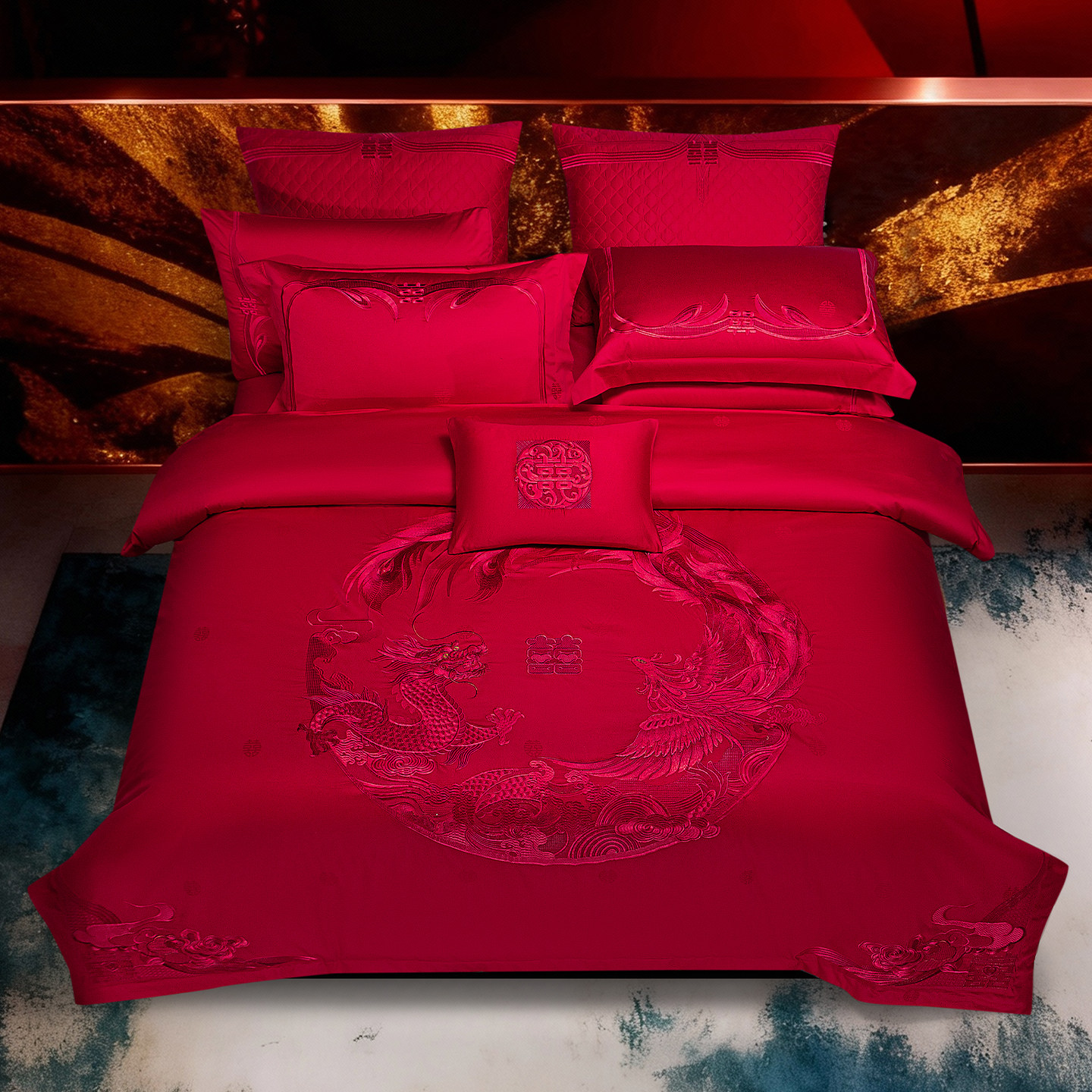 思辰结婚四件套纯棉龙凤绣花喜被大红十件套高端全棉婚庆床上用品