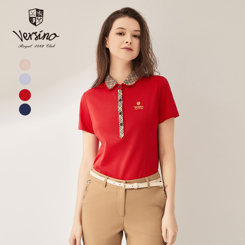 梵思诺翻领休闲百搭短袖T恤格纹