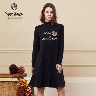 versino梵思诺秋冬保暖中长款 印花连衣裙不对称裙尾洋气裙子