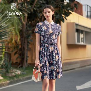 纯棉裙子 versino梵思诺遮肚子显瘦polo翻领印花连衣裙女夏款