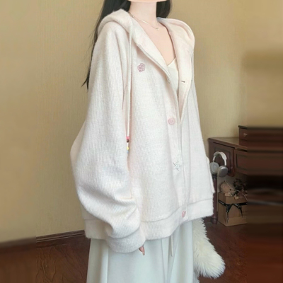 软糯慵懒高级感粉色连帽毛衣外套女款秋2025新款针织开衫早秋上衣