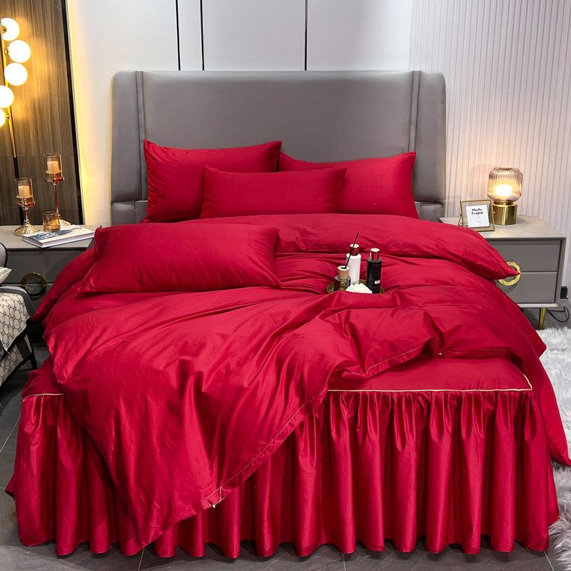 床上用品全棉床裙款四件套纯棉纯色大红色结婚喜被婚嫁被套简约,床上用品,婚庆床品套件,淘宝优惠券,粉丝福利购,淘宝优惠卷