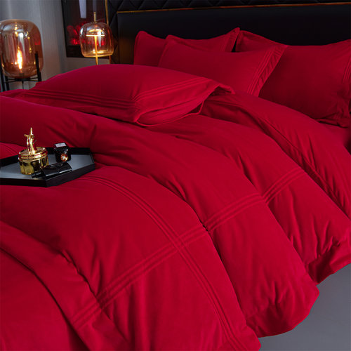 2025新款牛奶绒四件套床上用品双面绒被套红色喜被加厚法兰绒秋冬