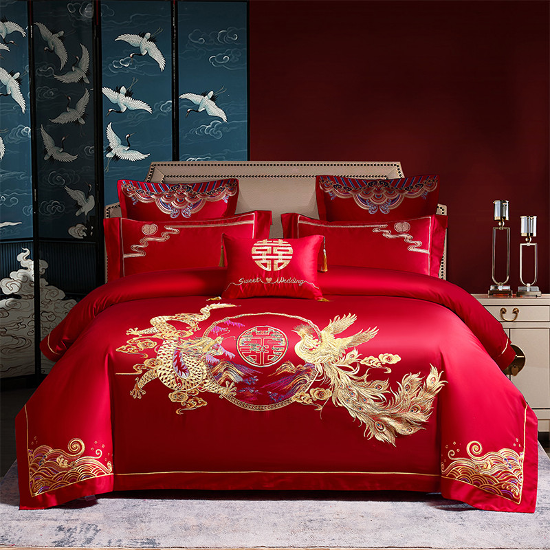 结婚床上用品四件套龙凤刺绣喜字被罩喜被新婚床单大红色婚庆婚床