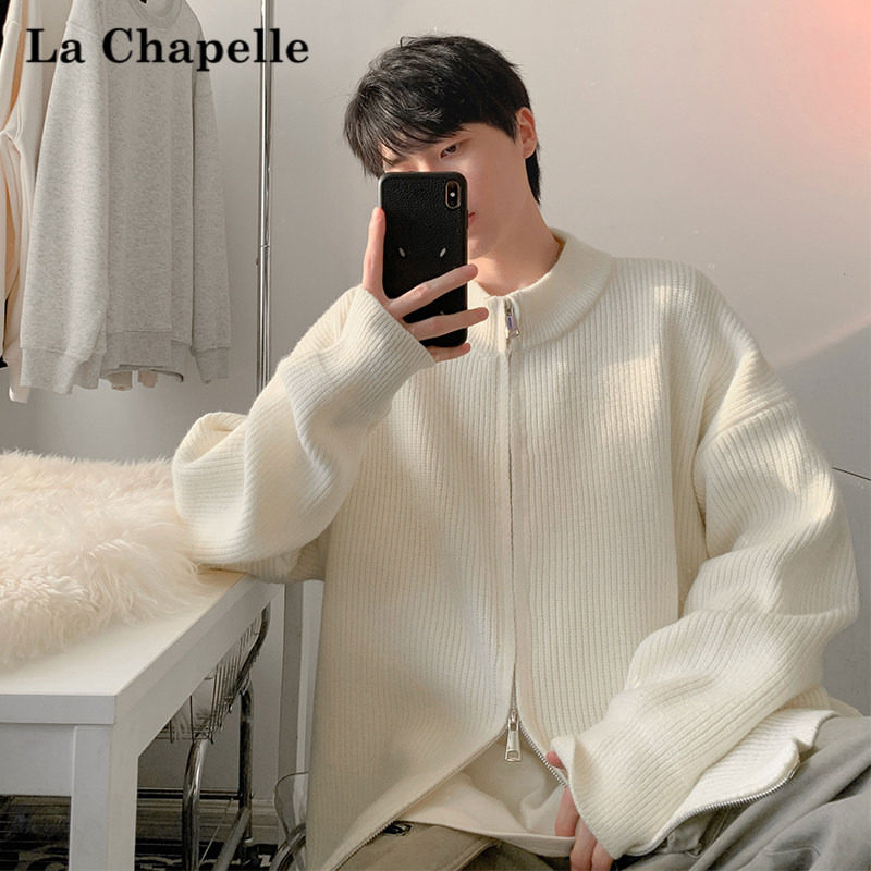 拉夏贝尔纯色拉链针织开衫男秋季新款潮胖人宽松立领毛衣外套男款