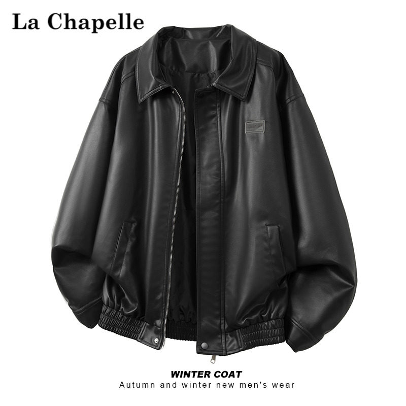 拉夏贝尔美式复古PU皮衣外套男高级感痞帅机车服百搭翻领夹克男潮