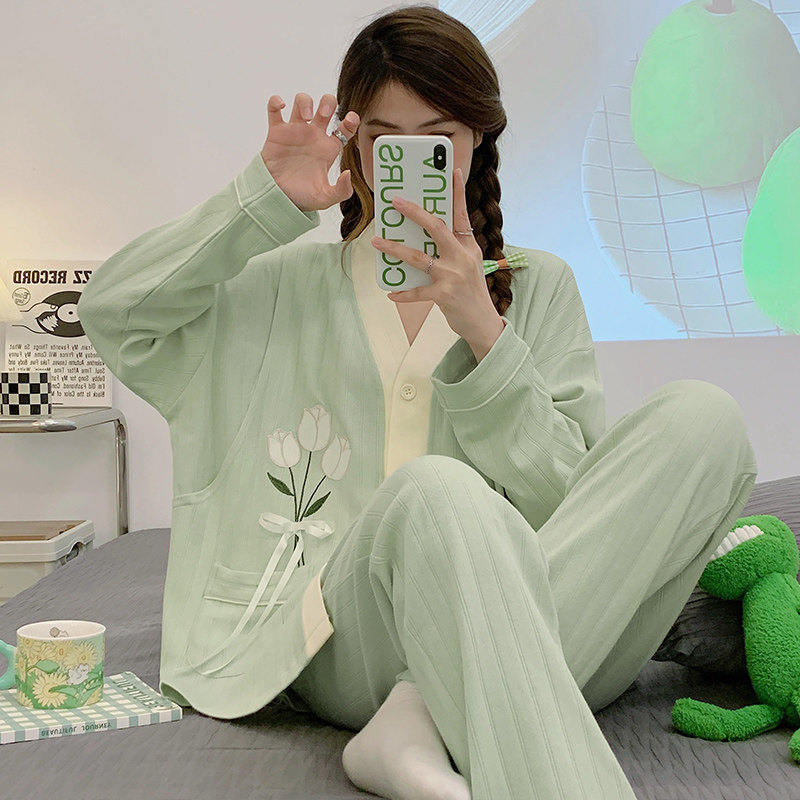 韩孕孕妇睡衣女春秋纯棉大码可调节月子服夏季薄款产后哺乳带胸垫