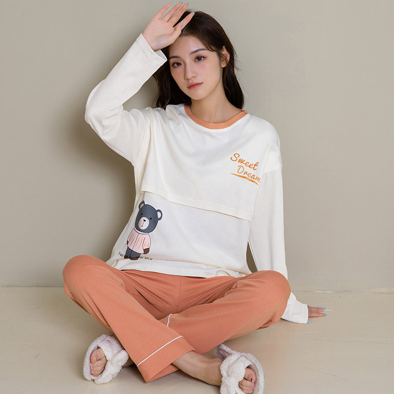 月子服秋季款产后2月份3哺乳孕妇睡衣女秋冬季纯棉横开口带胸垫