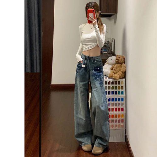 美式小众设计钉珠复古蓝直筒裤女