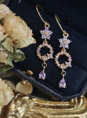 【2CAT】紫山迷雾*原创设计法式清新紫色彩锆花环水滴耳环耳夹