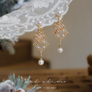 原创法式 包邮 宫廷复古两戴四叶草蕾丝镂空珍珠耳饰耳夹 2CAT