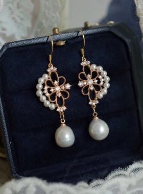 【2CAT】原创设计法式复古宫廷风镂空蕾丝水滴巴洛克珍珠耳环耳夹